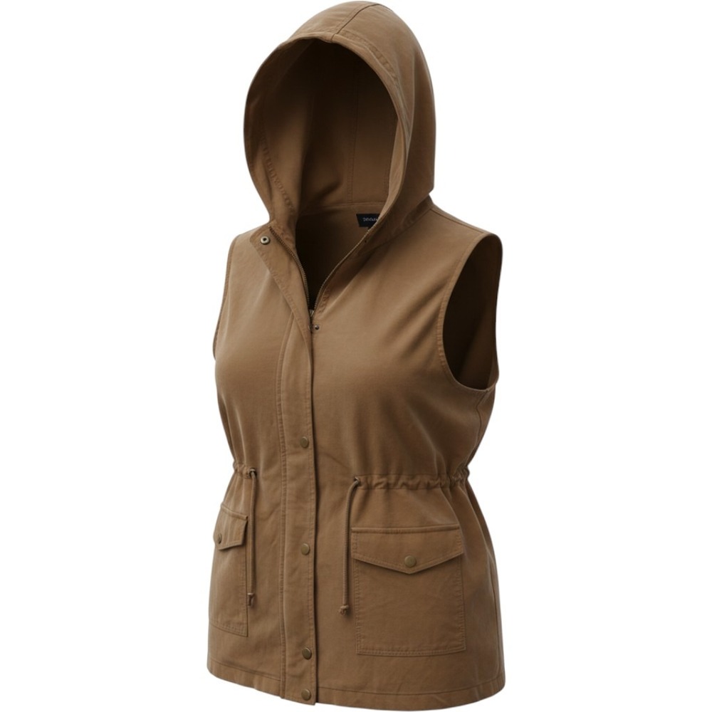 Zenana Women Khaki Tan Hooded Utility Cargo Vest 2X 100% Cotton